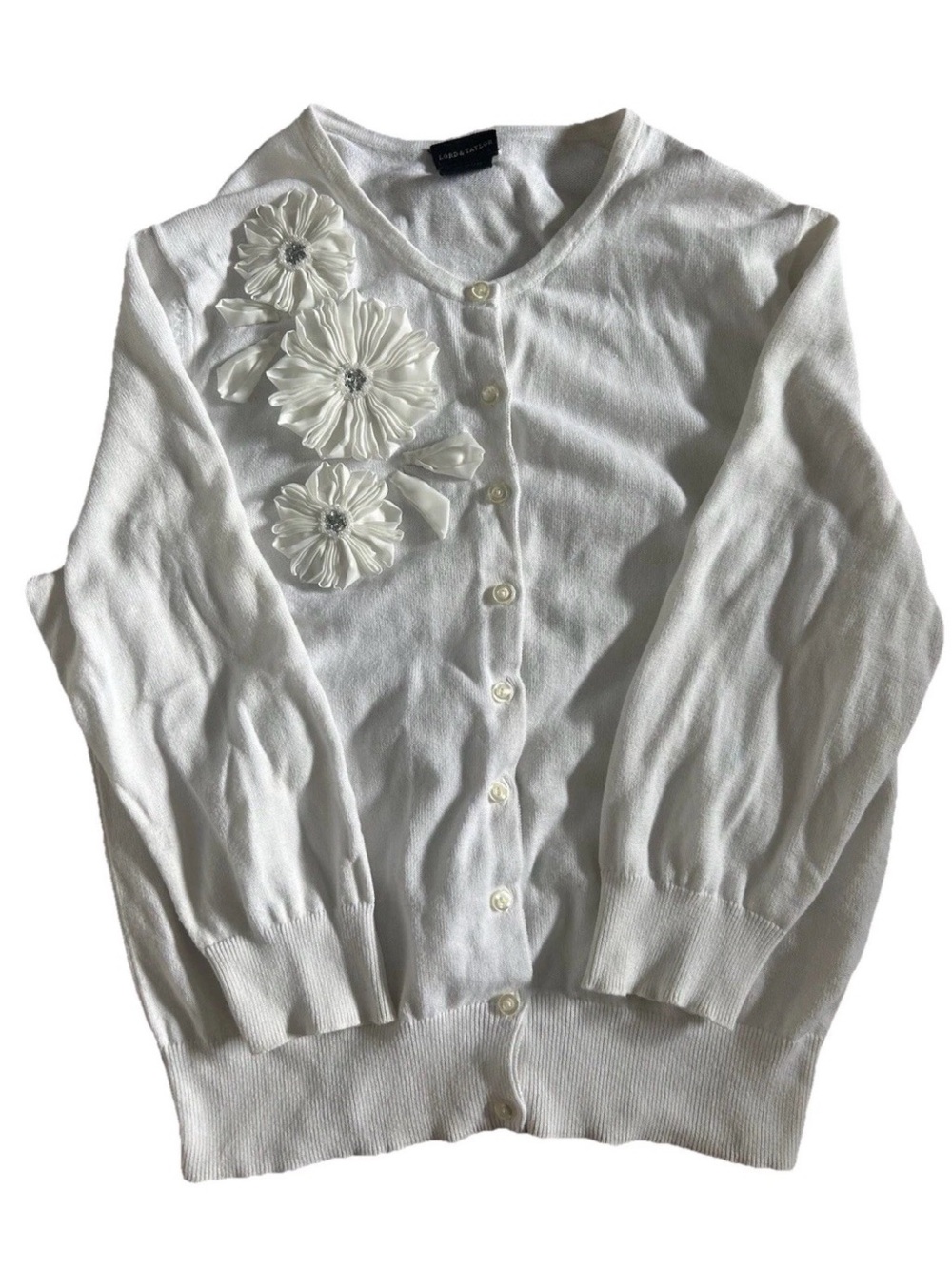 Lord & Taylor White bottom-down cardigan with rhinestone flower details size L